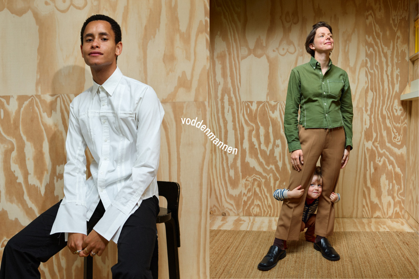 Twee foto's: een man met een witte blouse met wijde mouwen en een dame met een groen overhemd met stiksels